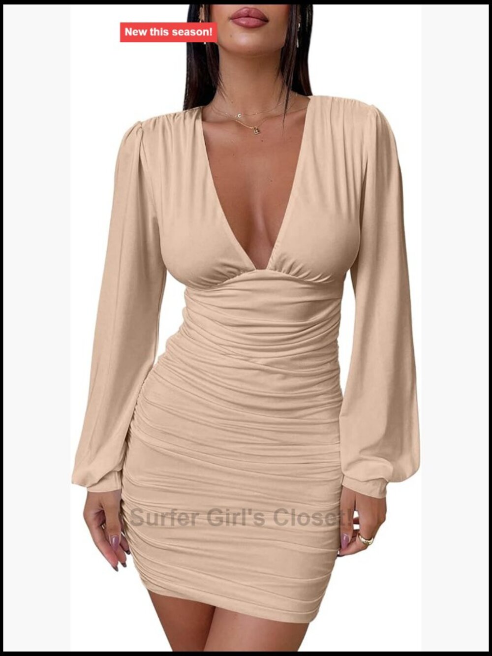 Women's Long Sleeve V Neck Ruched Bodycon Party Cocktail Mini Dress